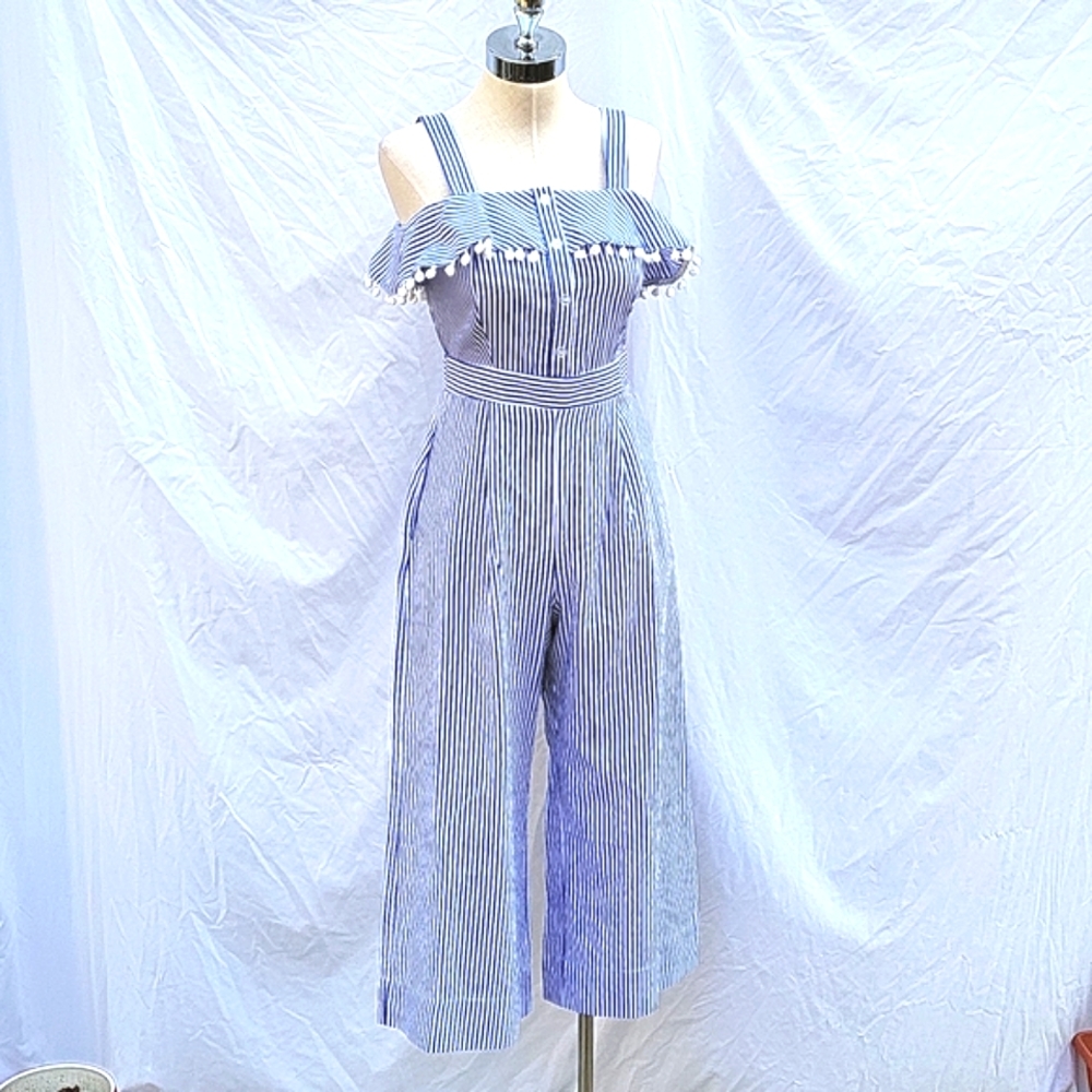 Ladies blue white pinstripe jumpsuit,back zip,ruffle w pompoms,sz 4 sleeveless